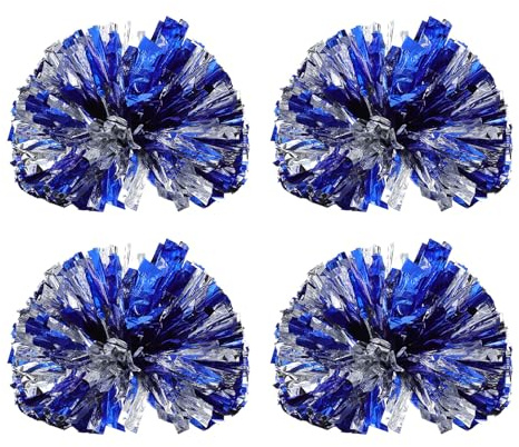 Abaodam Lot de 4 Pompons d'Encouragement Bleu et Argenté 30 CM Boules de Fleurs à la Main pour Cheerleading Accessoires de Danse et Pompons d'Équipe pour Animation Sportive
