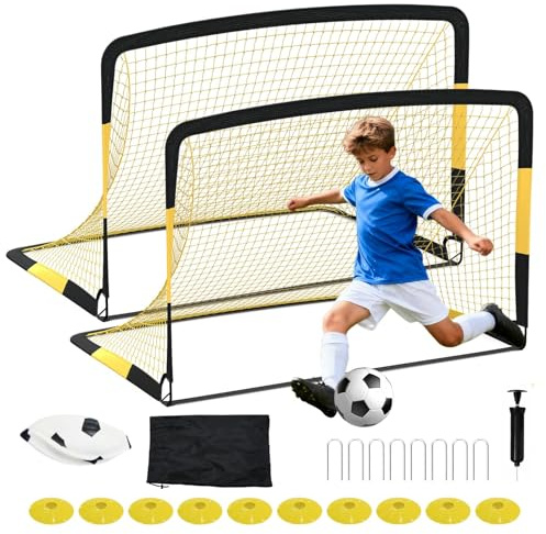 Lote de 2 Porterías de Fútbol Plegables y Portátiles, 180 x 120 x 120 cm con Accesorios, Montaje Rápido, para Interior, Exterior y Jardín