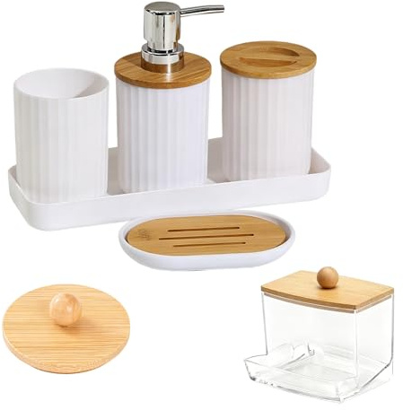 Junhonze 6 Pezzi Accessori Bagno - Set Bagno Accessori Completo - Porta Sapone Doccia, Tra Cui Dispenser Sapone, Portaspazzolino, Scatola Porta Cotton Fioc, Portasapone, Tazza E Vassoio