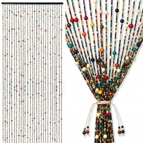 Tuxuzal Beaded Door Curtain 90x190cm, 27 Strands Bead Curtain for Doorways | Colourful Bamboo Wooden Bead Curtain, Bohemian Curtain Beaded Fly Curtains for Doors, Hanging Decoration for Windows Rooms