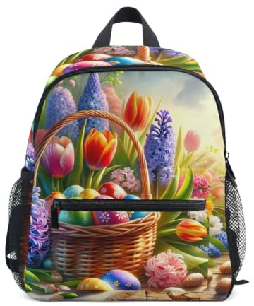 RPLIFE Påskkorg blommor småbarn ryggsäck för pojkar flickor, miniryggsäck, Påskkorg blommor, Medium, Coola ryggsäckar för fotboll | för 3-8 år, lätta, barnryggsäckar med namnbricka