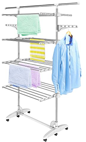 Todeco Stendibiancheria a 4 Livelli, Pieghevole in Acciaio Inox, Appendiabiti Regolabile con Ali e Barra Superiore Estensibile