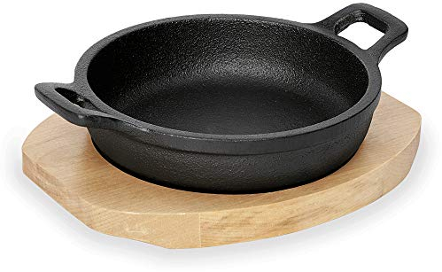 WAS 3535 160 Serie 201 Gusseisen Servierpfanne mit Holzuntersetzer, 16cm Durchmesser, 3.7cm Höhe
