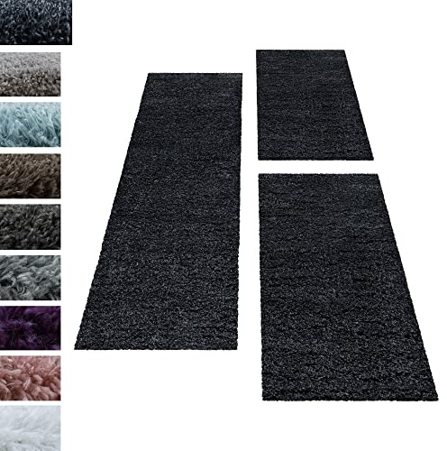Carpettex Bettumrandung Schlafzimmer 3teilig Shaggy Teppich Hochflor Läuferset Design Anthrazit Bettset:2 mal 60x110 + 1 mal 80x250 - Bettvorleger Schlafzimmer Weich Langflor Bettumrandung Teppich Set