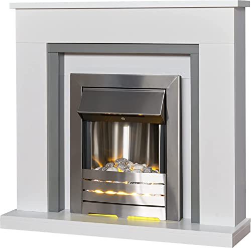 Adam Milan Fireplace in Pure White & Grey with Helios Electric Fire in Brushed Steel, 39 Inch