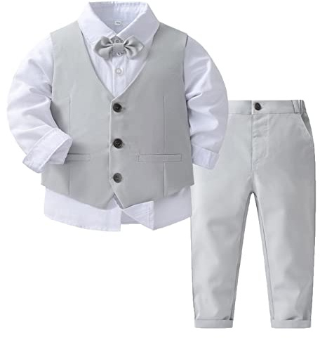 ranrann Costume Bébé Garçon Mariage Gentleman Tenue Chemise Manches Longues Gilet sans Manches Pantalon pour Cérémonie Baptême Fête 9 Mois - 4 Ans Gris 18-24 Mois