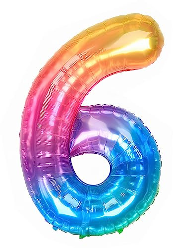 Ponmoo 40 inches Foil Balloons Numbers 6 Neon Rainbow (101cm), Inflatable Helium or Air, Giant Balloon Number 0-9, 10-29, 30-100, Grand Balloons for Anniversary Wedding Birthday Party Decoration