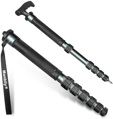 Manbily 32mm Einbeinstativ für Kameras 44cm-174cm aus Aluminium Monopod Stativ DSLR Reise-Einbeinstativ mit Gehstockgriff 6 Abschnitte Wanderstöcke Max. 15KG mit Telefonclip Videokamera (Metallgrau)