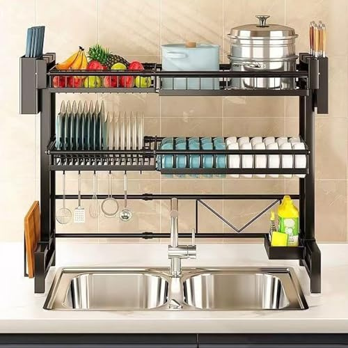 loyliawa 2 Tier Dish Drainer Rack, Over the Sink Dish Drying Rack, Telescopic Large Capacity Dish Rack, Cutting-Board Holder, Cup Holder, Kitchen Counter Storage Shelf Supplies Black