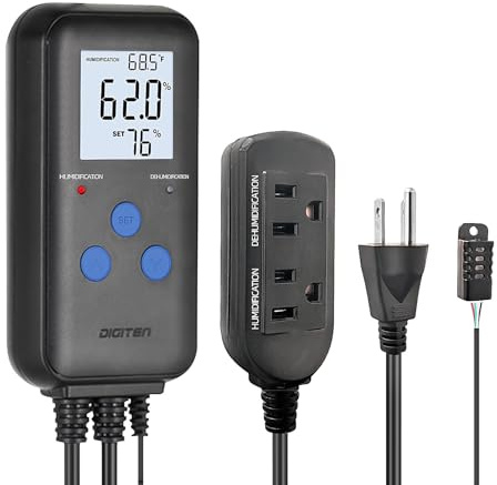 DIGITEN Humidity Controller Pre-Wired Digital Humidistat with Temperature Display, Dual-Stage Outlet Humidifier /Dehumidifier for Mushroom,Reptile, Greenhouse, Fan, Grow Tent
