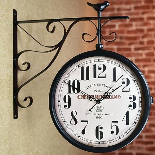 Orologi a doppia faccia industriali - Orologio da parete per giardino esterno, orologio vintage in stile stazione ferroviaria con staffa per rotazione a 360°, orologio da appendere in ferro battuto