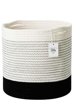 Cesta decorativa grande de cuerda de algodón tejida, ideal para flores, mantas y plantas en maceta en decoración del hogar (blanco + negro, 30 cm)