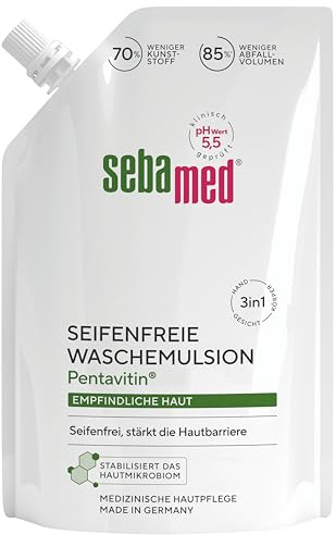 Sebamed seifenfreie Waschemulsion Nachfüllbeutel 400 ml, seifenfreie Reinigung für empfindliche Haut, stärkt die Hautbarriere, zur Hand-, Gesichts- und Körperreinigung geeignet