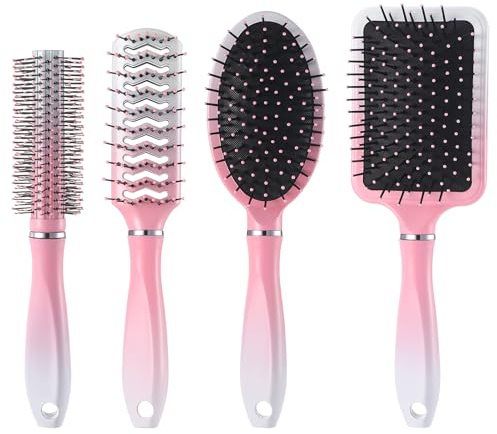 ViEinkaufen 4PCS Anti Static Hairbrushes Set for Women Girls Vent Detangling Paddle Brush for Wet & Dry Hair Reduces Breakage Eliminates Knots with Comfortable Handle Pink