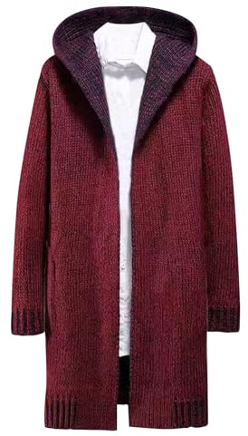Qolkmuiy-GJ Cardigan long décontracté ouvert sur le devant pour homme - Pull tricoté côtelé tendance et léger à capuche, bordeaux, 3X-Large