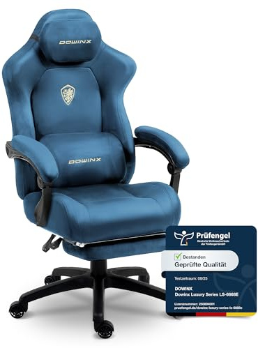 Dowinx Gaming Stuhl Ergonomisch mit Massage-Lendenkissen, Höhenverstellbare Kopfstütze, Verdicktes Sitzpolster, Ausziehbare Fußstütze, Verstellbare Armlehnen, Mikrofaser-Velours, 155° Neigbar, Blau