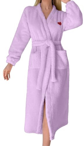 Albornoz de toalla para mujer, bata de baño con cinturón, acogedora, de manga larga, con bolsillos profundos y muy suave, muy absorbente, con cuello en V, manga larga