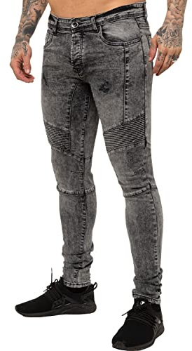 New ENZO Mens Stretch Skinny Fit Biker Blue Denim Jeans 36 W X 34L Black Acid