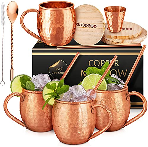 Yooreka Gift Set Moscow Mule Mugs Set Of 4 16 oz Solid Cooper, 100% Pure Copper Cups HANDCRAFTED, BONUS 4 Straws, 4 Wood Coasters, Stirring Spoon, Shot Glass and Cleaning brush (Oval)