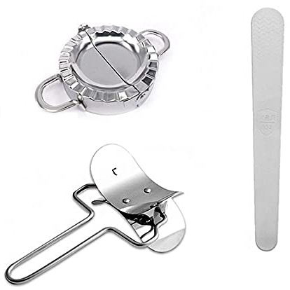 ANCLLO Dumpling Maker form set rostfritt stål paket med 3, 1 pack Empanada-press 1 st degskärare, 1 st fyllningssked paj Ravioli dumpling press omslagsform kökstillbehör (liten storlek)