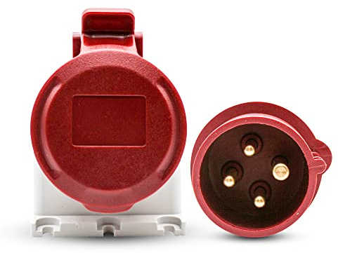 DOJA Industrial | PACK BASE PARED HEMBRA Y ENCHUFE TRIFASICO INDUSTRIAL 380 MACHO | 16A - 3P+T (4 Polos) | Base Hembra + Toma Corriente de 4 Pines | Enchufe Caravana, Conector Camping