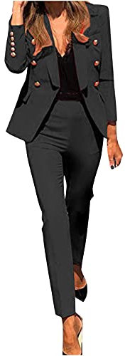 Women's Trouser Suits Clearance,Two Piece Suit Set Petite UK Ladies Suit Blazer Jacket + High Waist Trousers Pants Notched Collar Regular Fit Work Office Casual Smart Elegant Blazer Outfits Black