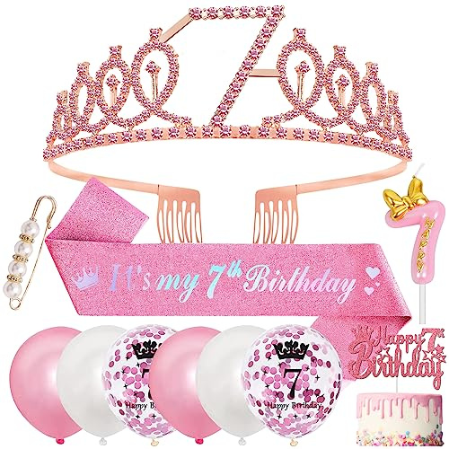 SWPEED Decorazioni per il 7° compleanno, fascia e tiara regali per ragazze, corona di compleanno, 7 palloncini, candele, topper per torta