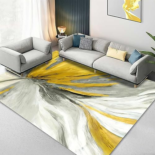 Rug-QJDDUP Kurzflor Teppich Quadratisch,Yellow 200 x 200 cm, Kurzflorteppich Esszimmer Wohnzimmer Schlafzimmer Kinderzimmer,Gelb Orange Grau Abstrakt Modern