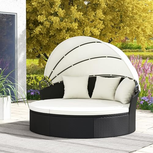 GIANTEX Sonneninsel Liegeinsel mit faltbarem Sonnendach, Rattan Lounge Gartenmuschel Outdoor, Sonnenliege Gartenliege Set rund φ187 cm für 2-3 Personen, Gartenlounge Terrassenmöbel inkl. Kissens