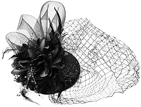 Serre-tête rigide avec bibi à dents pour femme, bandeau pour thé, chapeau en maille, plumes, pince à cheveux pour mariage, cocktail et deuil à l'église (noir, taille unique)