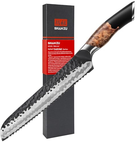 SHAN ZU Couteau à Pain Dentelé Forgé à la Main, Couteau de Cuisine 20 cm, Couteau Japonais en Acier 10Cr15MOV à 7 Couches, Couteau à Pâtisserie de Haute Qualité, Manche en Bois d'érable