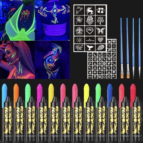 HISUNBEN Pintura De Cara De Neón Brillante UV,12Ceras Fluorescente De Color De La Cara, Lavable No Tóxico Cera Lápiz UV Neón Para Rostro y Cuerpo, Para Halloween, Mardi Gras, Fiesta De Disfraces