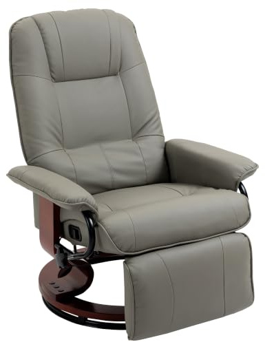 HOMCOM Fauteuil Relax Inclinable Pivotant Revêtement Synthétique Gris | Fauteuil de Salon, Repose-Pieds Réglable, Piètement Bois