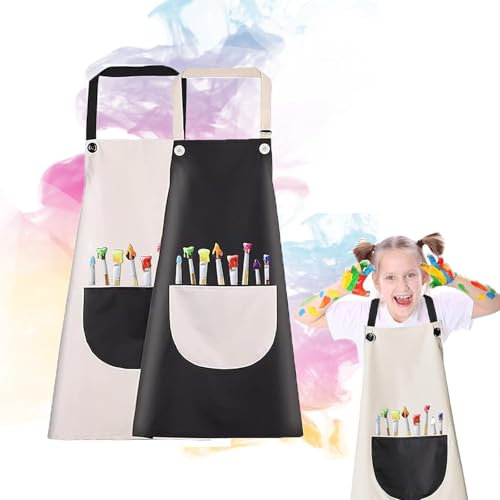 Malschürze Kinder 2 Stück, Malkittel Kinder mit Taschen, Schürze Schule, Wasserdicht Verstellbare Kleinkind Kochschürze Verstellbare, für 4 5 6 7 8 9 10 11 Jahre Kinder, Basteln Malen Backen(A)
