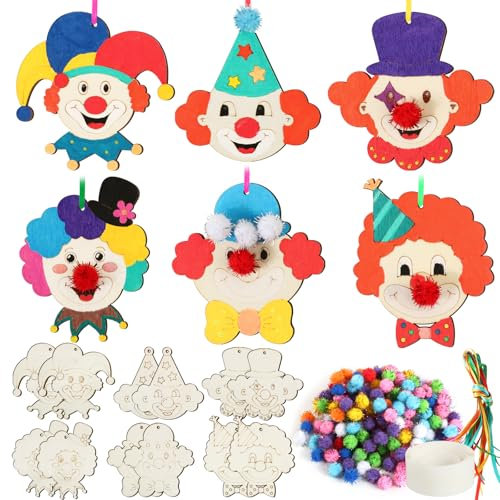 BOOMTOP 12pcs Clown Basteln Kinder Karneval Bastelset Holz Tischdeko Zirkus Deko zum Basteln Holz Anhänger Holzscheibe zum Bemalen mit 100pcs Bommeln DIY Kreative Handwerk Kindergeburtstag Mitgebsel