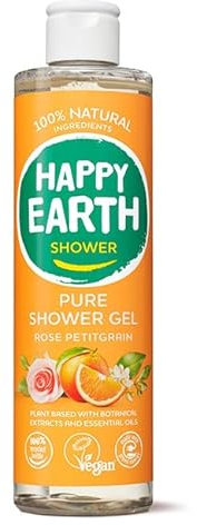 Happy Earth Gel Douche - Pour Hommes et Femmes - Gel Douche - 100% Ingrédients Naturels & Végan - Rose Petitgrain - 300 ML