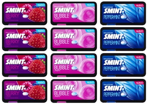 Smint Flat Mix – Bonbons sans sucre – Pastilles goût menthe poivrée, bubble mint et fruits rouges – Pack de 12 boîtes de 21 g – Frais, Gourmand et Sans Calories Ajoutées