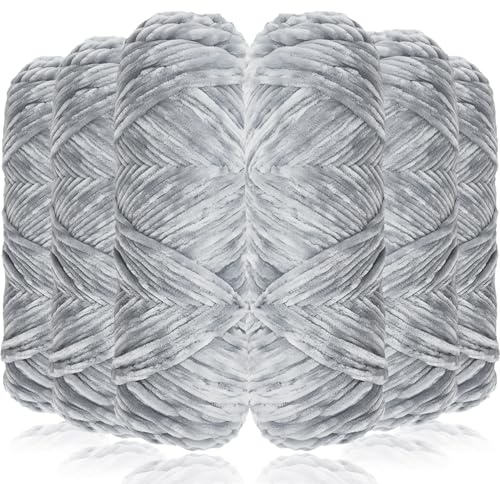 Exquilnova 6 Pack Chunky Yarn for Hand Knitting,Multiple Colors Chenille Yarn for Knitting & Crochet,Soft Chunky Wool for Blankets,Cushion,Scarves,Pet Beds,Bags,Hats,Sweaters(Light Grey)