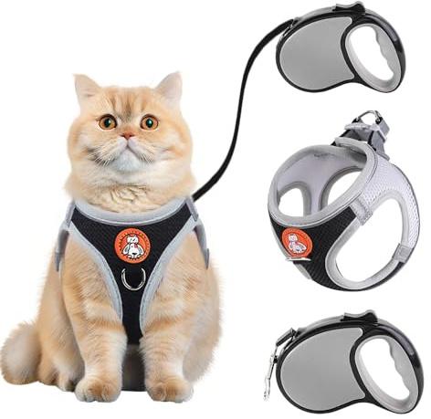 XFSRG Harnais pour Chat,Confortable et Réglable avec Laisse Rétractable Accessoires de Promenade, Sécuritaire Pratique, Design Léger Respirant, Idéal pour Les Chats Actifs Curieu (Noir, M)