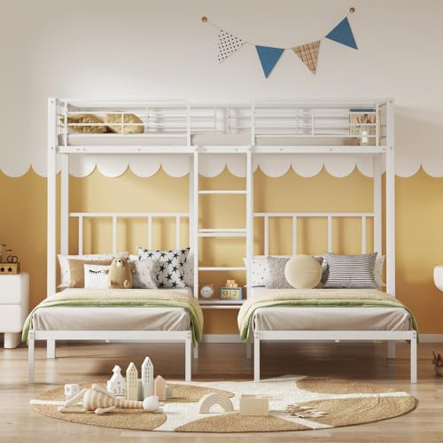 Luonians Lit superposé 3 Places 90x200 cm avec échelle,lit Mezzanine 3 Places pour Enfants et Adolescents,lit Enfant avec Barriere en Fer avec barrière de sécurité et Table (Blanc,90 * 200)