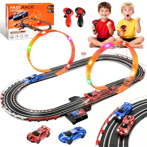 PATEMZON Circuit Voiture Electrique Enfants, Pistes de Course de Voiture Jouet avec Lumière et 2 Poignées, Circuit Électrique Kit avec 2 Voitures, Jouet Cadeau pour Garçons et Filles Âgés 3+ Ans (A)