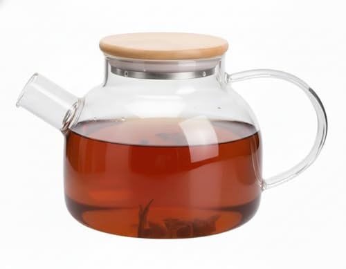 Teekanne aus Borosilikatglas mit Filter Glas mit Bambus Deckel 1 Liter Herdplattensichere Teekanne Glasteekanne für losen Tee, Blütentee heiße und kalte Getränke