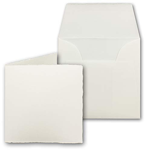 25x quadratisches Vintage Kartenset aus Büttenpapier - Falt-Karten 11,8 x 11,8 cm + Brief-Umschläge - Mia - doppel-Karten-Set - Naturweiß