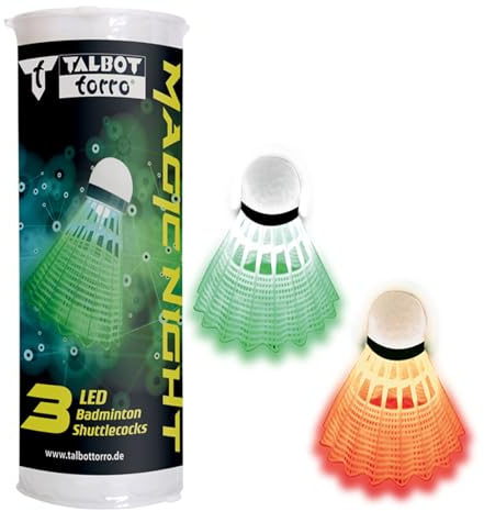 Talbot-Torro Badminton Ball Magic Night LED, Kunststofffederball mit LED-Licht, ca. 48 Std. Brenndauer, 3er Dose, Farbe: Weiß &Gelb, für Indoor & Outdoor sowie für das Spiel bei Dunkelheit, 479123