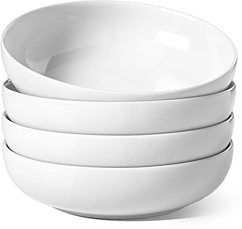 LE TAUCI Set di 4 Ciotole per Pasta, Cibo, Insalatiere per Servire Zuppe, Pasta, Noodle, Cena, Grandi Piatti da Cucina, Adatti al Microonde, 21 cm, Colore: Bianco