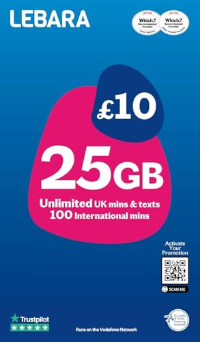 Lebara UK SIM-Karte, 10 GB für £10, halber Preis für die ersten 3 Monate, kein Vertrag, Pay As You Go SIM, UK-Anrufe, verschiedene Größen (Nano/Micro/Standard), passend für alle Geräte