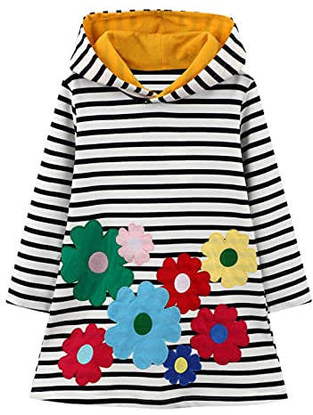 Huvtröjor för barn och flickor med huva klänning långärmad bomull vardaglig sweatshirts tunika tröja pullover jumper toppar ålder storlek 2 3 4 5 6 7 år gammal, Svarta ränder, 6-7 Years