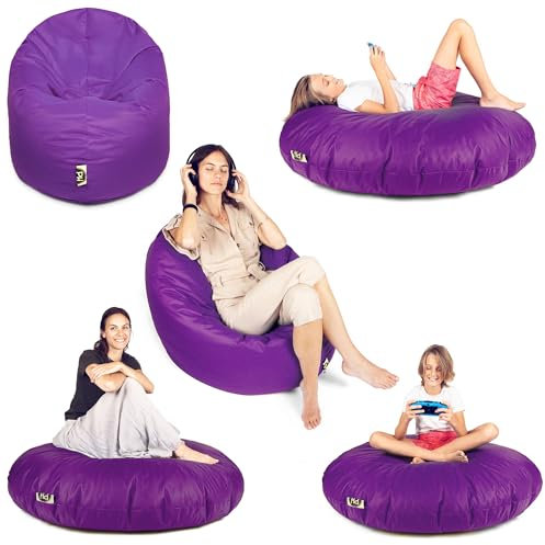 PATCH HOME Sitzsack 2 in 1 Sitzkissen Bodenkissen für Erwachsene & Kinder - Gaming mit Füllung Kissen Sessel BeanBag (Ø 100cm, Purple)