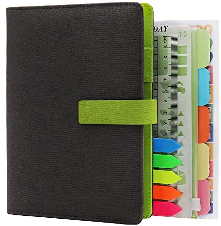 HXRTANGS A6 Nachfüllbares Notizbuch PU Gepolsterte Abdeckung, 6 Ringbuch Journal Liniertes Persönlicher Organizer Planer 80 Blätter mit Stift Halter Magnet-Verschluss, Dunkelgrau