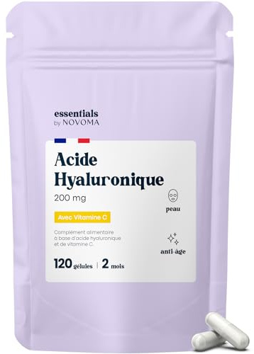Acide Hyaluronique 200 mg - Hydratation de la Peau - 120 Gélules pour 2 Mois - Avec Vitamine C - Fabriqué en France - Essentials by Novoma